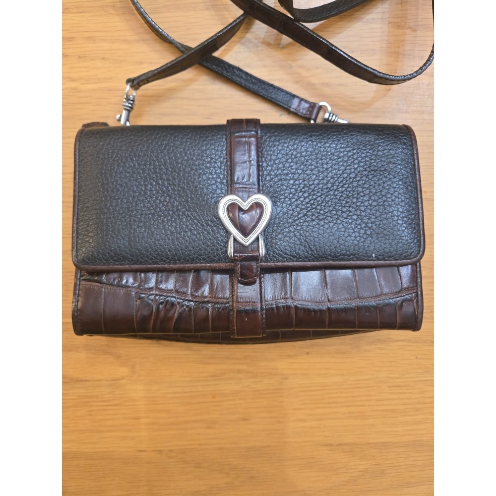 Brighton Crossbody Wallet  2-Tone Brown Croc Embossed Black Leather Silver Heart